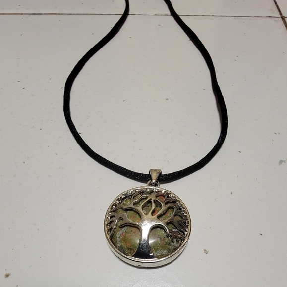 Unakite And Silver tree of life necklace on a satin string with hook closure. - Picture 3 of 4